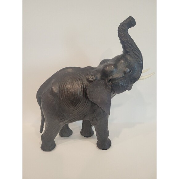 Elephant Black Leather Wrapped Vintage 13-14” Lucky Trunk Up Sculpture Statue - Picture 4 of 12